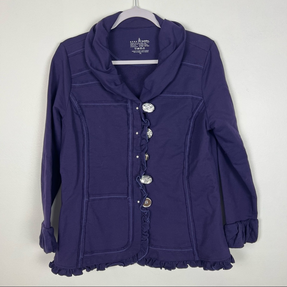 Neon Buddha Knit Jacket Large Buttons Ruffle Purple Size Petite Large